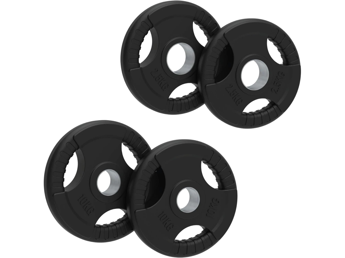 Body Revolution 2 discos de 2,5 kg + 2 discos de 5 kg com tripla pegada, totalizando 15 kg - em ferro fundido e com revestimento emborrachado, compatíveis com barras de 50 mm.