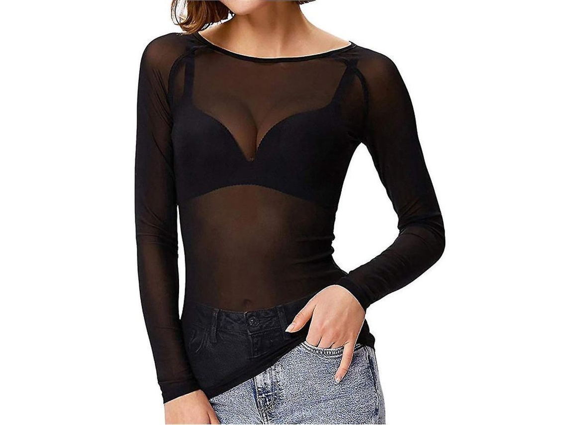Blusa Transparente De Manga Longa Sem Costuras Para Mulheres Com Modelador De Braços Malha Casual Preto