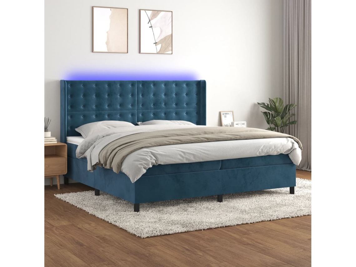 Cama Box Spring C/ Colchão/led 200x200 Cm Veludo Azul-escuro