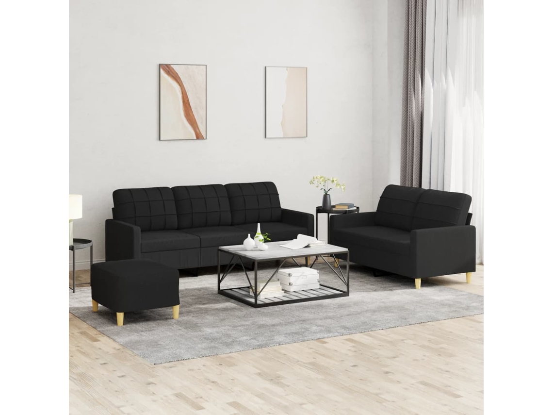 Vidaxl 3 Pcs Conjunto De Sofás Com Almofadões Tecido Preto