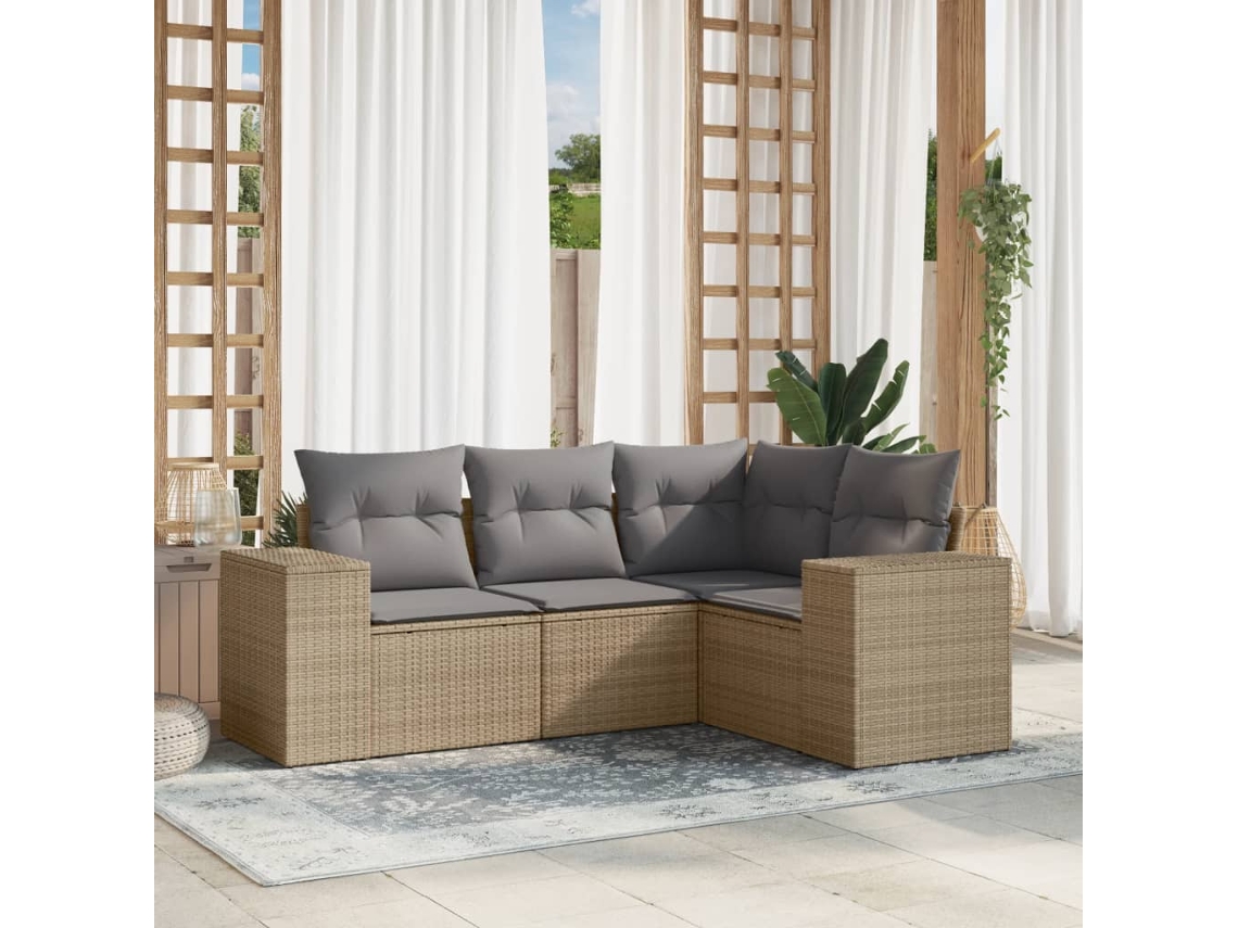 Conjunto de sofá de jardim de 4 peças com almofadas Vime Pe Bege Lovely Home