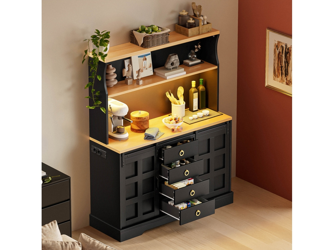 Buffet De Cozinha Estilo Celeiro Com Led E Tomada, Arrumação Para Vinho E Quatro Gavetas, Dimensões 150×120 Cm