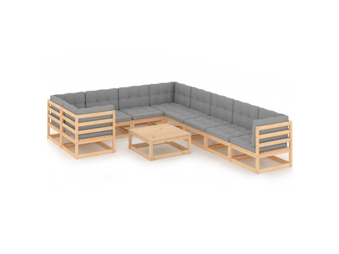 10 Pcs Conjunto Lounge De Jardim C/ Almofadões Pinho Maciço Dkd Home Decor