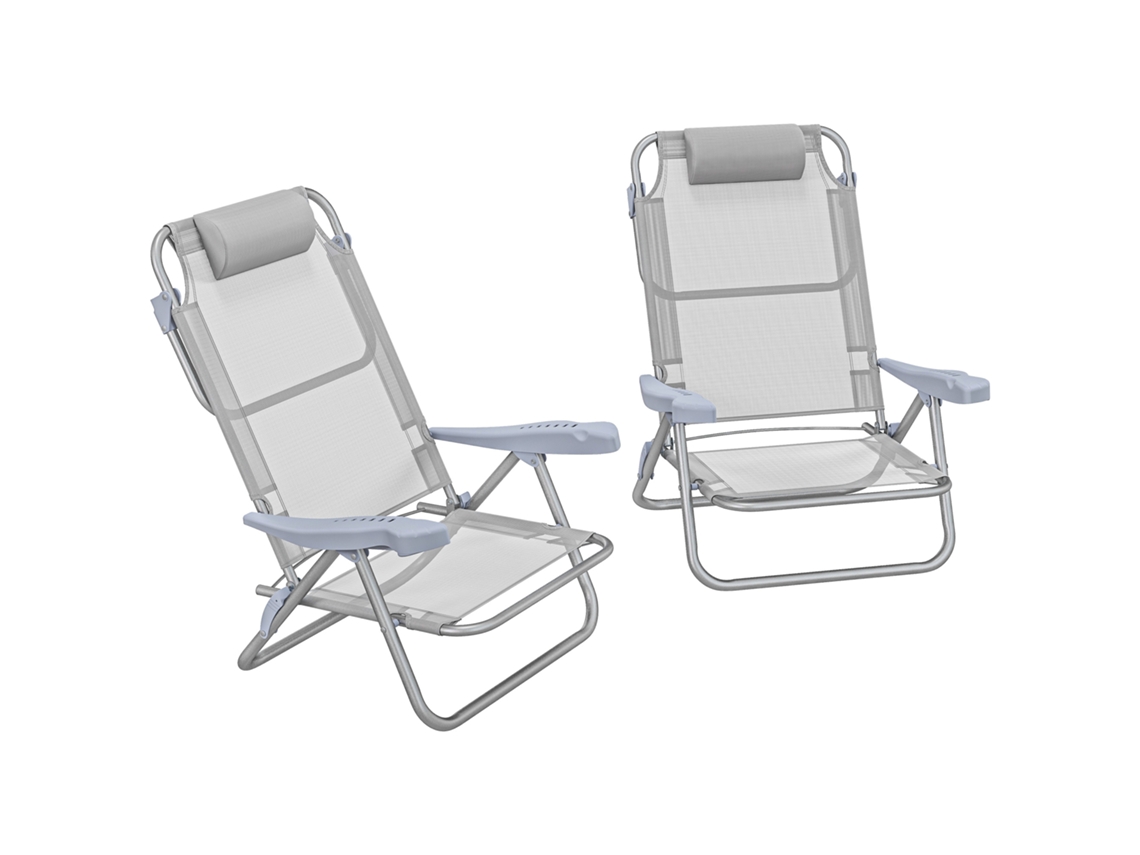 Conjunto de 2 Cadeiras de Camping Dobráveis e Reclináveis em 6 Níveis. em Alumínio e Espuma. 62x65x80 Cm. Cinza Claro Ge