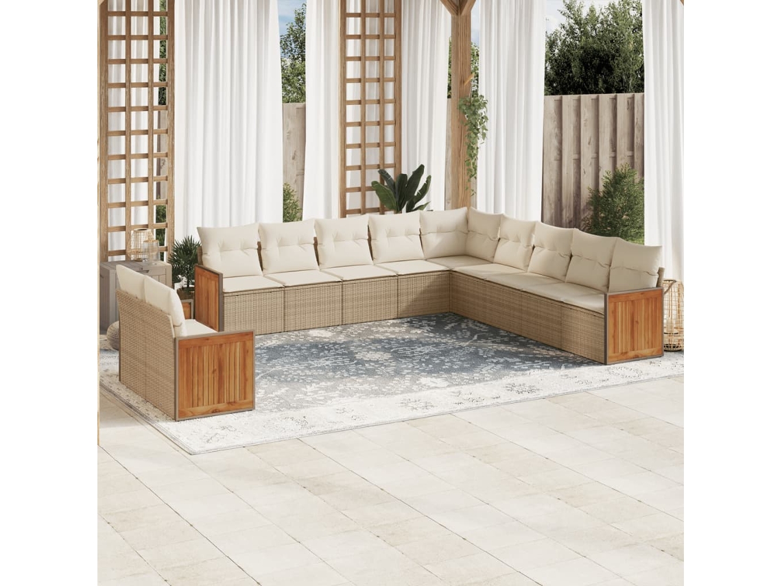 Vidaxl 11 Pcs Conjunto Sofás De Jardim C/ Almofadões Vime Pe Bege