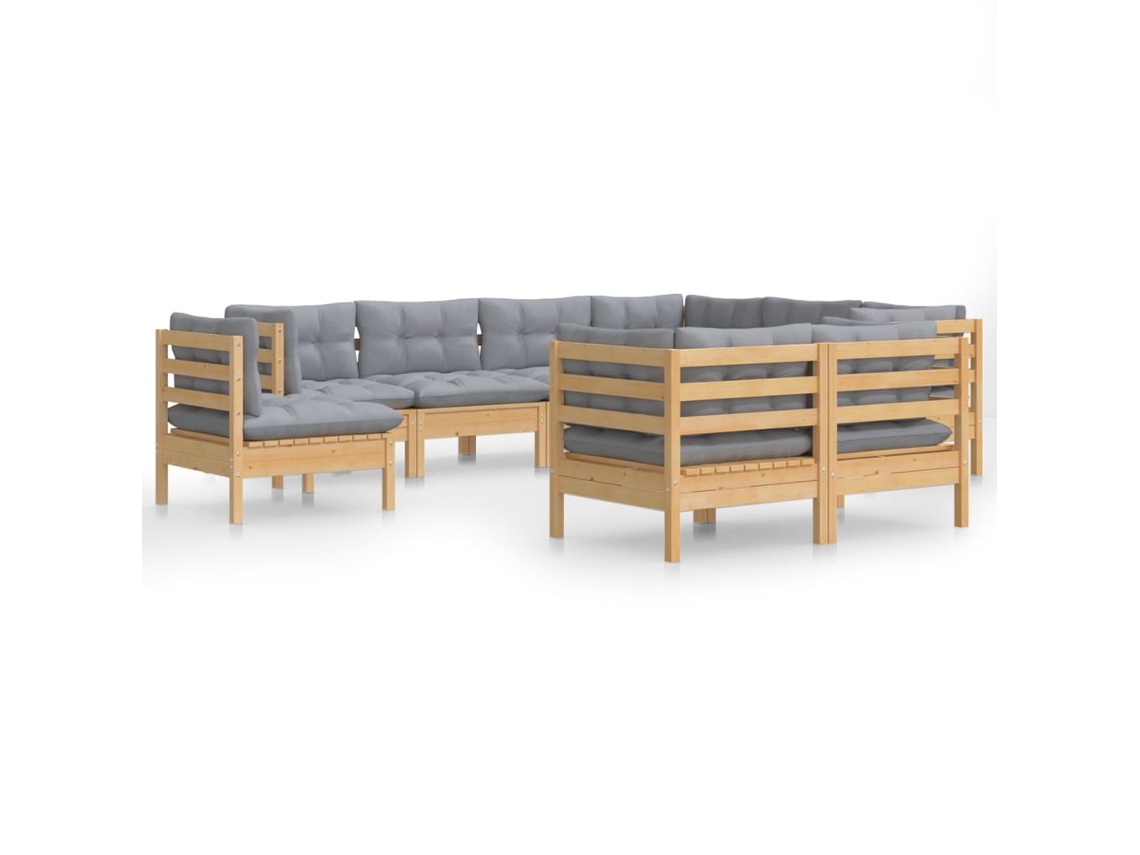 Conjunto de 9 Lounge de Jardim com Almofadões Cinza Pinho Maciço MAISON EXCLUSIVE