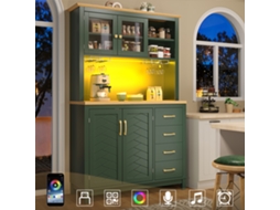 Sideboard / Armário De Cozinha 105.5x40x180cm, Estilo Rústico, 4 Portas, Led E Porta-garrafas, Verde/preto/branco