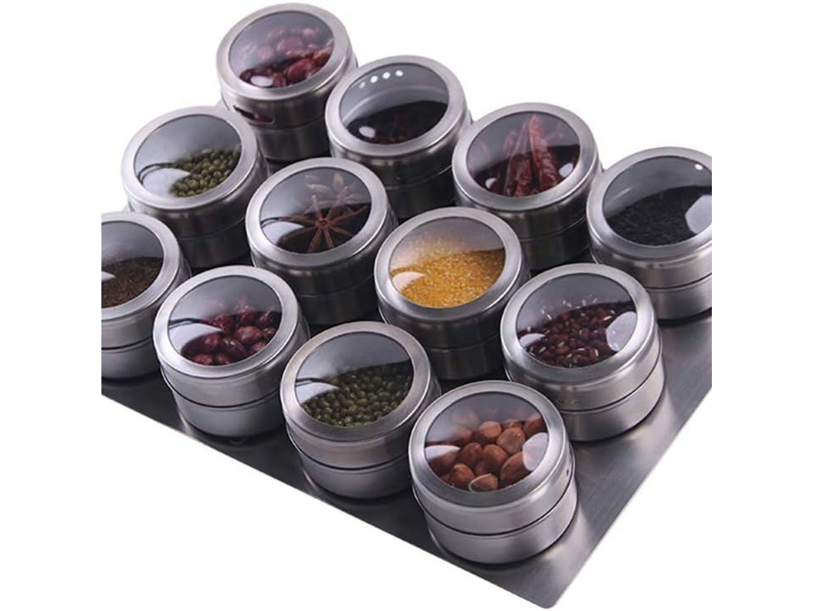 Conjunto De 12 Potes De Aço Inoxidável Magnéticos Para Especiarias Com Bandeja Para Cozinha Klb