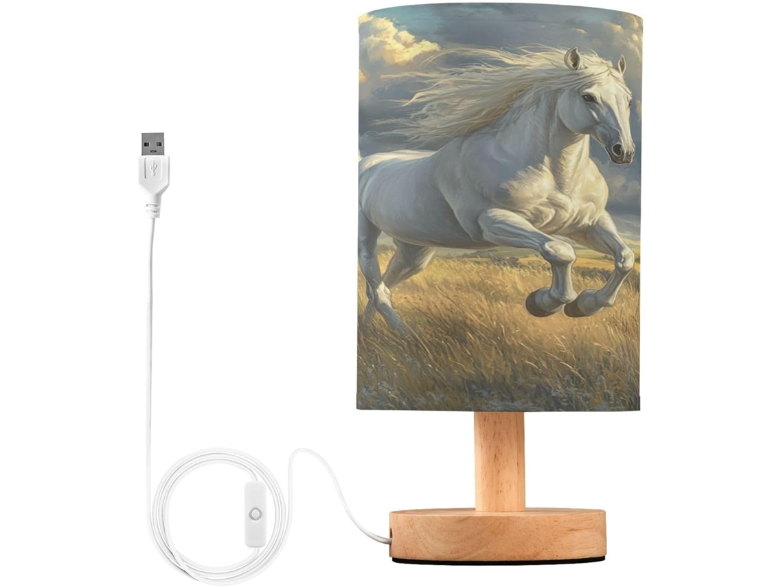 Luminária De Mesa Em Formato Cavalo Skyshu Pequena Led Usb Com Base Madeira Antiderrapante E Cúpula Que Não Agride Os