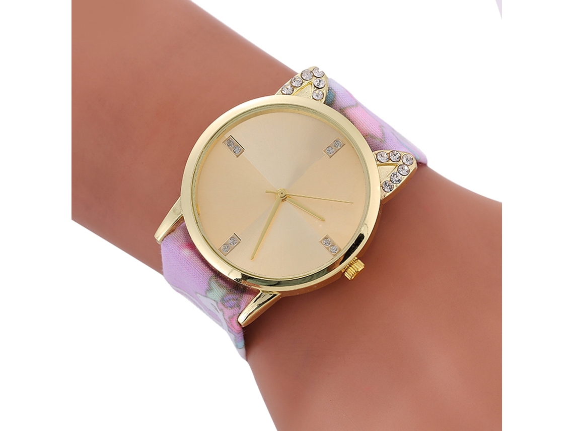 Relógio de Pulso Feminino de Quartzo Simples com Strass e Mostrador Estampado Rosa