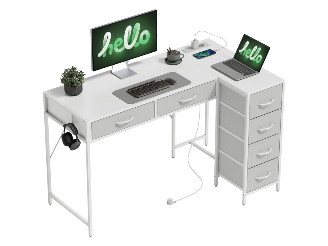 Secretária de Canto Reversível com 6 Gavetas com Tomada de Energia Porta Usb e Usb c 126x48 Cm Branco