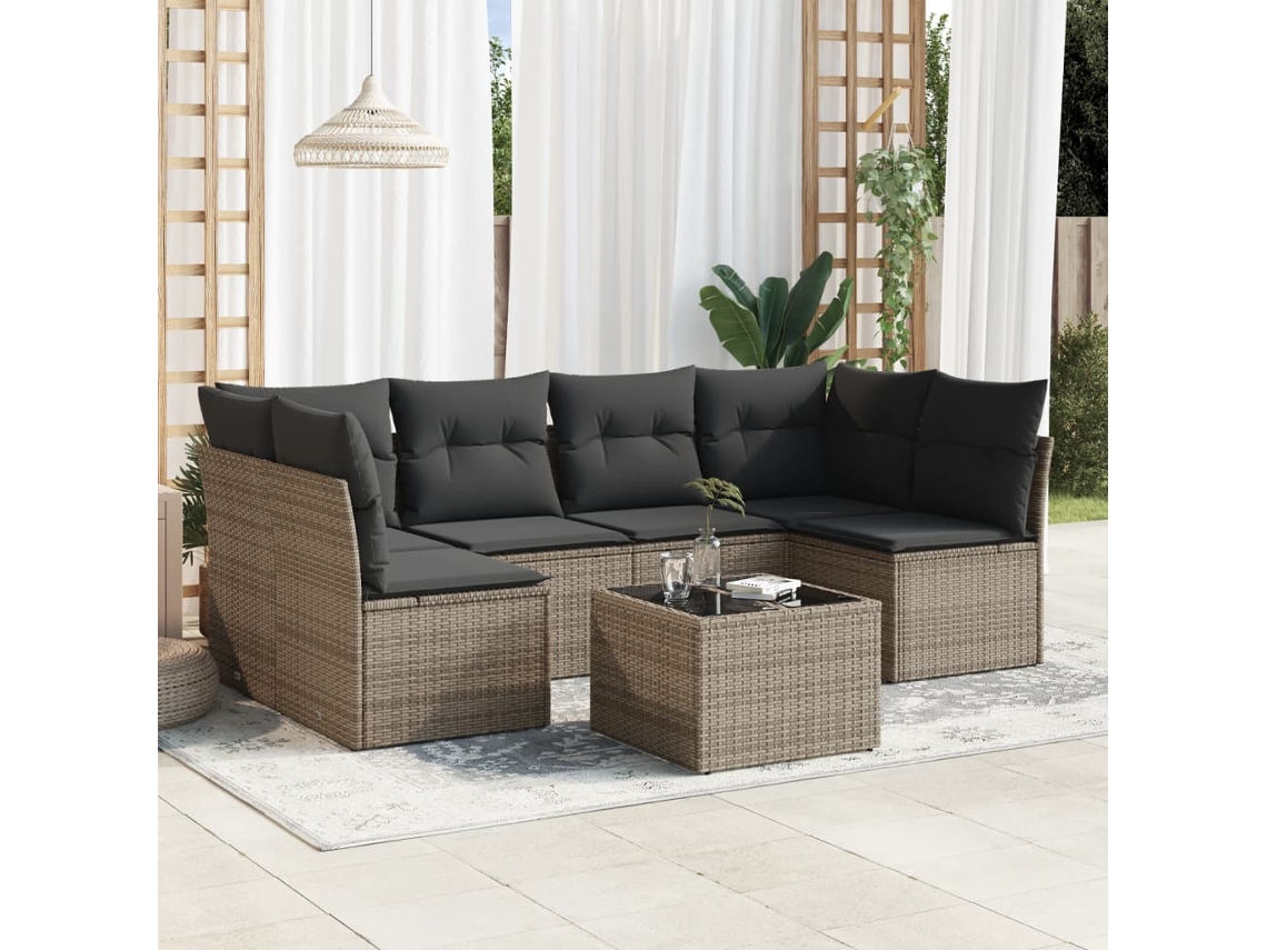 Vidaxl 7 Pcs Conjunto Sofás P/ Jardim C/ Almofadões Vime Pe Cinzento