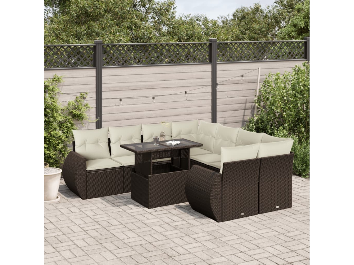 Vidaxl 9 Pcs Conjunto Sofás P/ Jardim C/ Almofadões Vime Pe Castanho