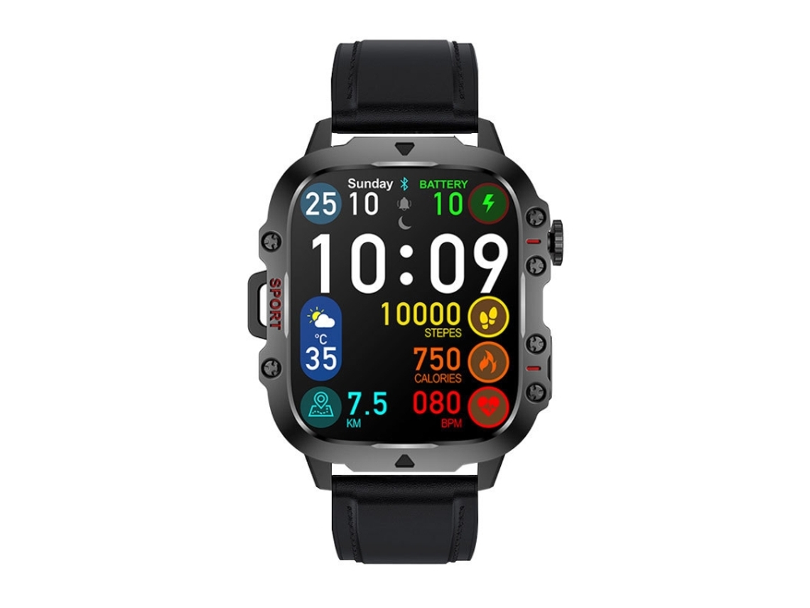(Preto) Pulseira inteligente com tecido colorido de 1,96 polegadas e pulseira de couro, compatível com chamadas Bluetooth.