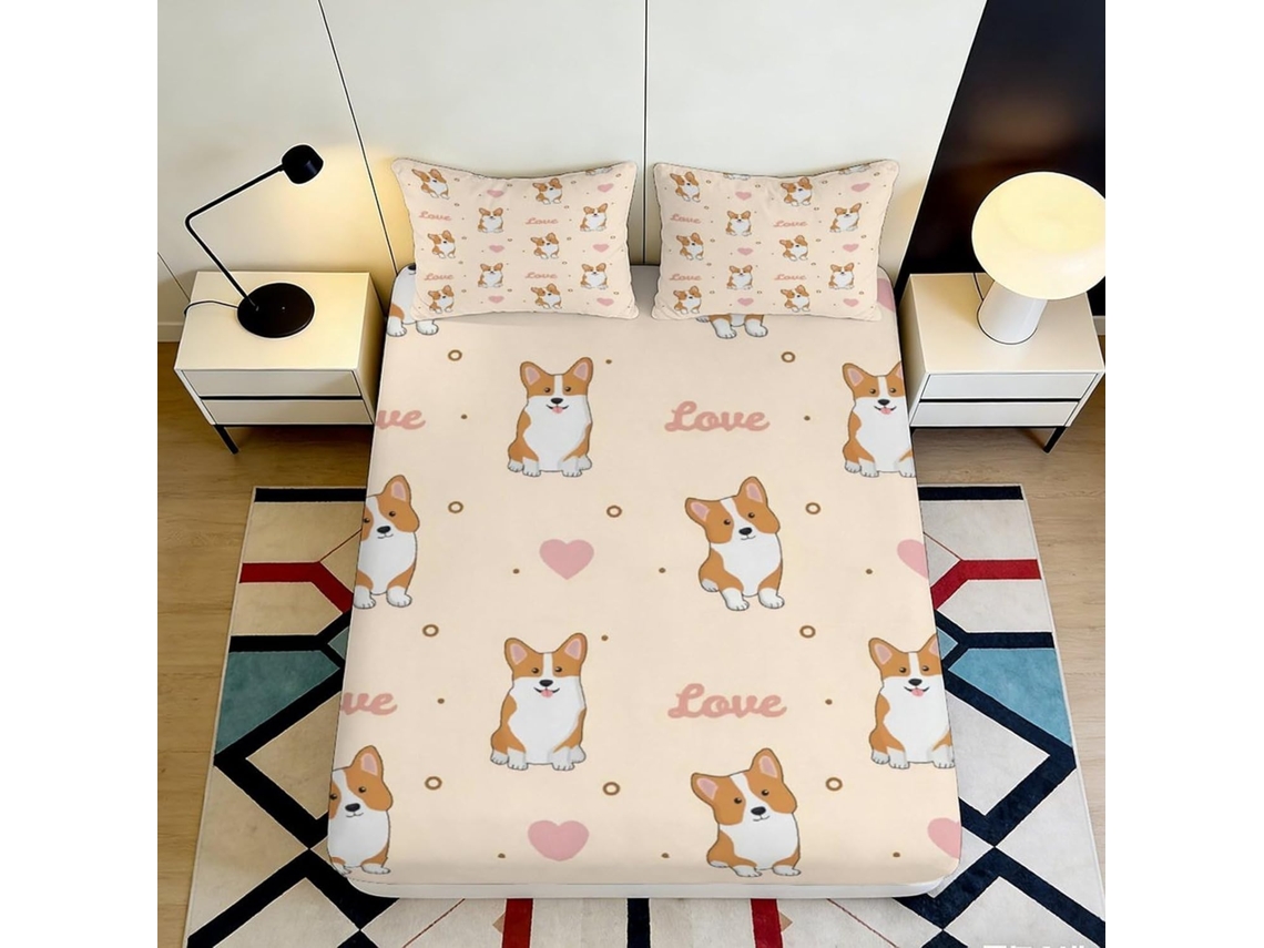 Conjunto de Cama com Estampa Corgi Love em Microfibra Fronha 200x25cm