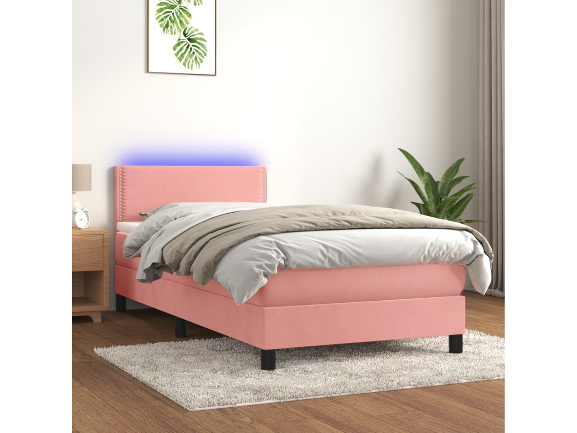 Vidaxl Cama Box Spring C/ Colchão/led 100x200 Cm Veludo Rosa