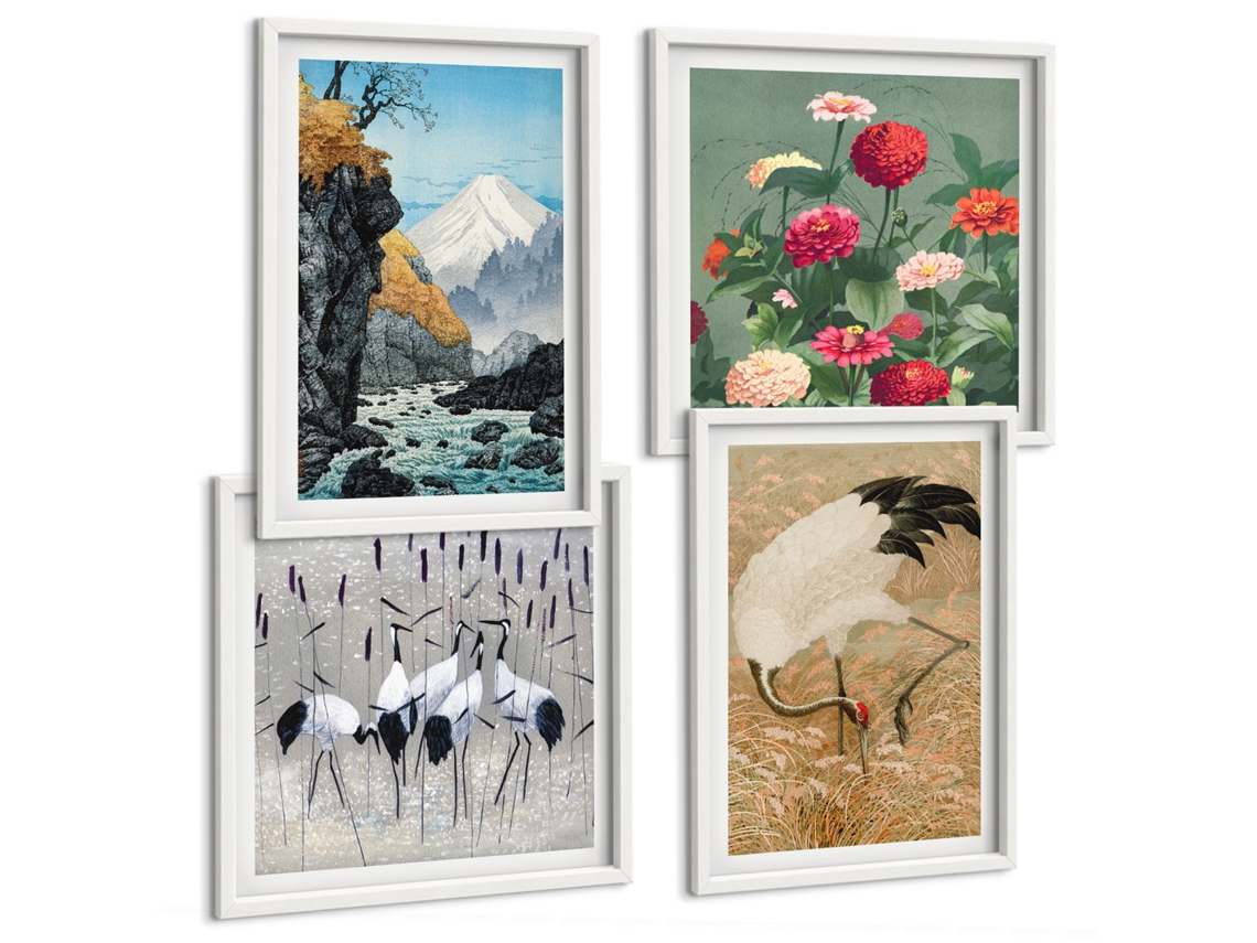 Composição De Quadros Paisagens Da Natureza Com Flores Espelharte (4 Peças)