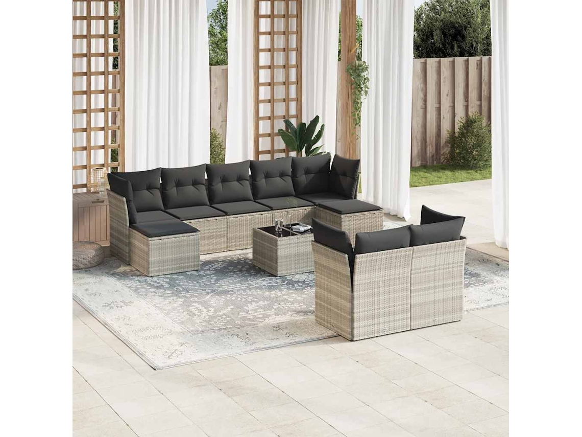 Conjunto 10 Peças Sofás De Jardim Com Almofadões Vime Pe Cinzento Claro Dkd Home Decor