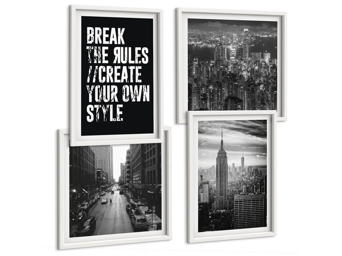 Galeria De Pinturas Murais Ruas Da Cidade, Inspiração Em Preto E Branco Moldura Branca Quadros Para A Sala De Estar Espelharte (conjunto De 4 Imagens)