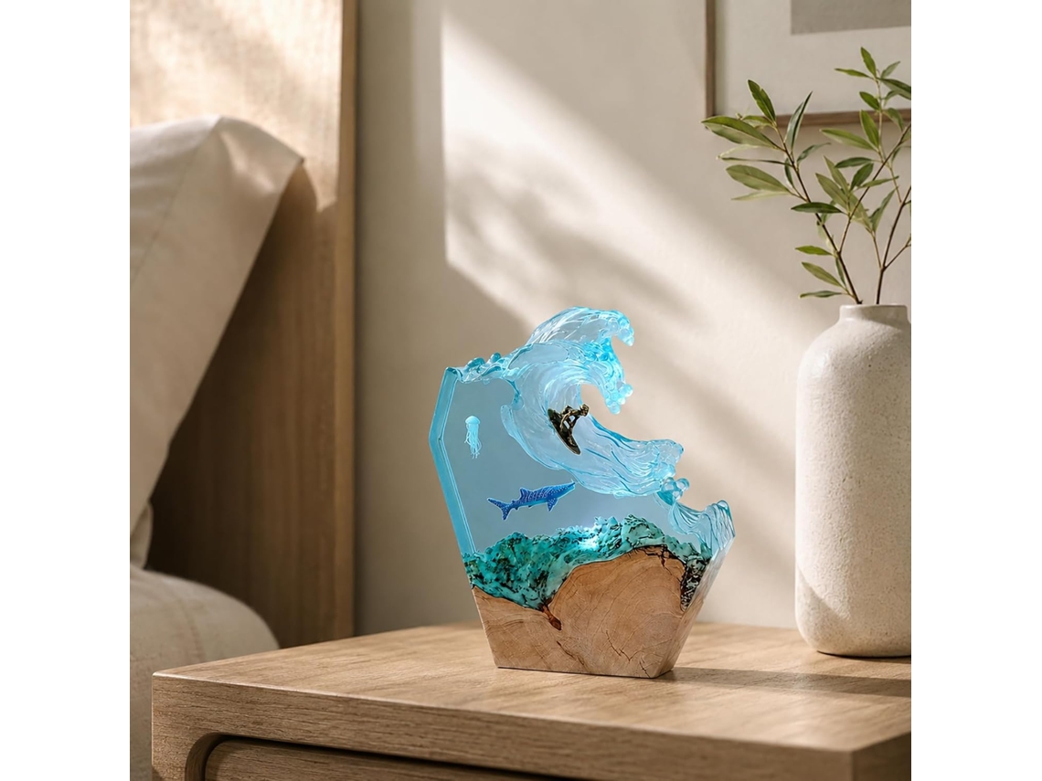 Luminária Noturna Oceânica 3d Em Resina Design Madeira Maciça Lâmpada