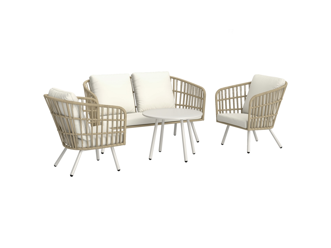 Conjunto de Jardim de 4 Peças com Sofá de Rattan Sintético, Poltronas e Mesa, Almofadas Confortáveis e Resistentes Aos Raios Uv (ha)