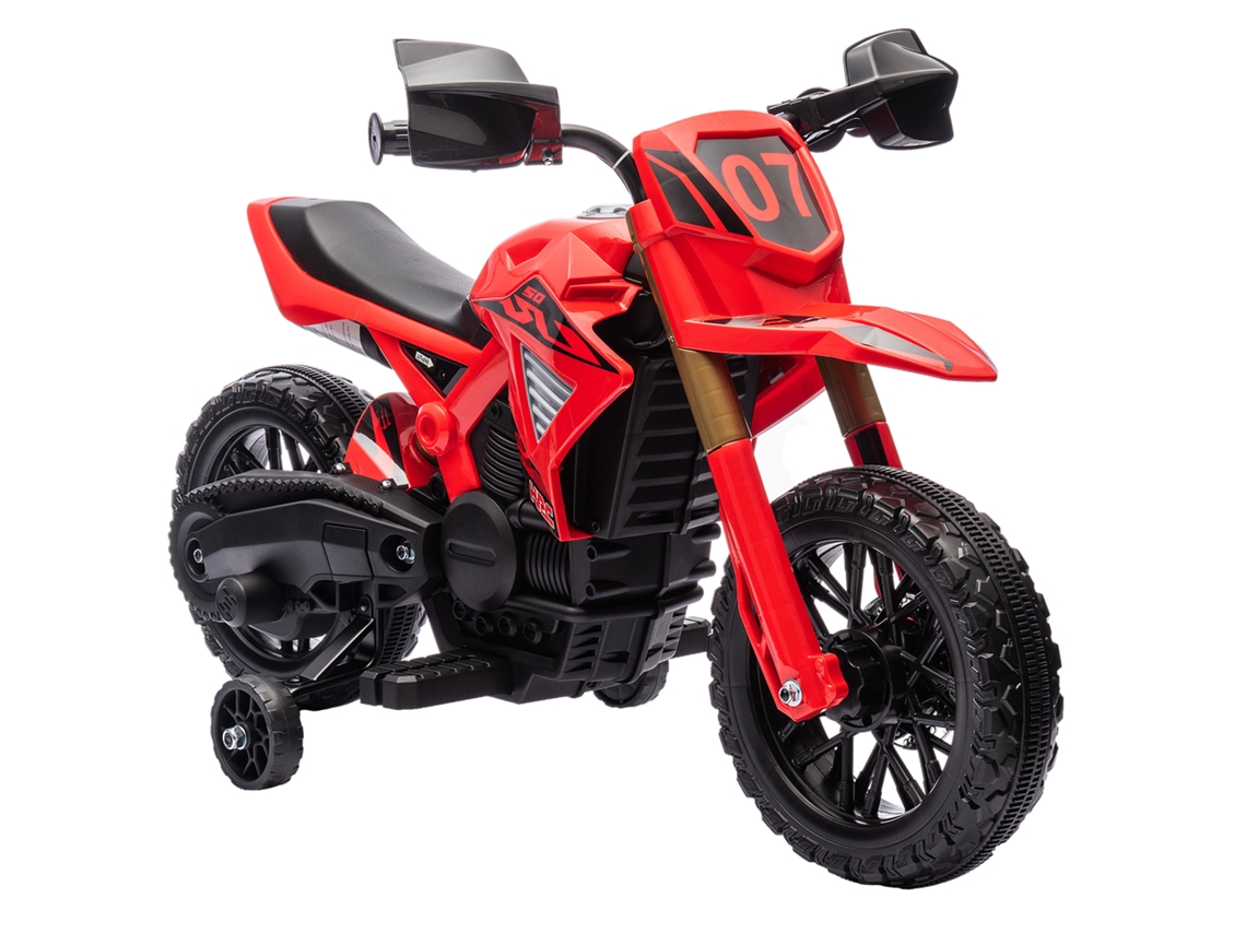 Motocicleta de Elétrica Motocross para Crianças de 3 a 8 Anos, Bateria 6v, 2 Motores, Buzina e Rodinhas de Treinamento, Carga 30kg, Vermelha
