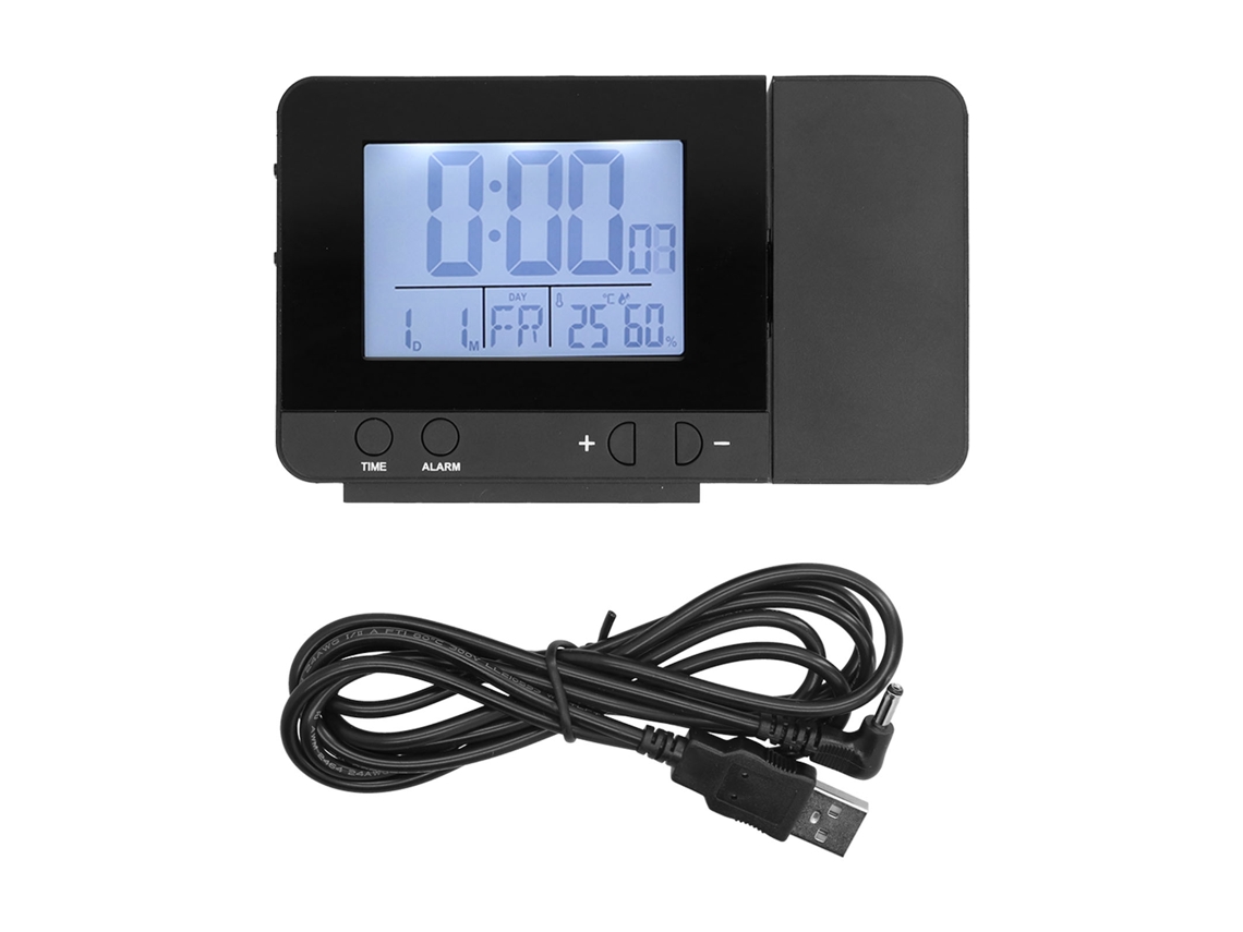 Relógio despertador com projeção 180° digital LED Usb com termômetro e umidímetro preto S/MARCA