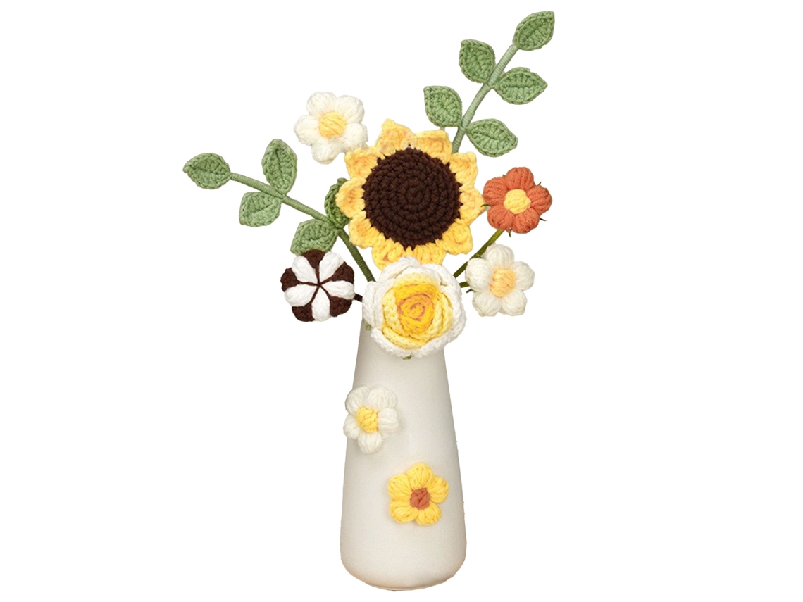 Livro de flores tricotado à mão em lã sintética com xícara de cerâmica - Presente para mesa