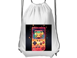 Mochila De Ginástica Infantil Branca, Confortável E Prática, Com Estampa Colorida Do Pikachu Em Um Console De Videogame Retrô E Gráficos Pixelados