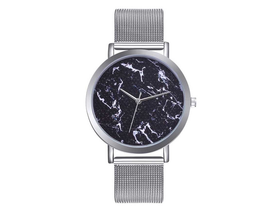 Relógio de pulso casual para homens e mulheres, analógico, com pulseira de malha e movimento de quartzo prateado.