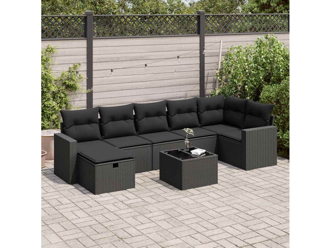 Vidaxl 8 Pcs Conjunto Sofás De Jardim Com Almofadões Vime Pe Preto