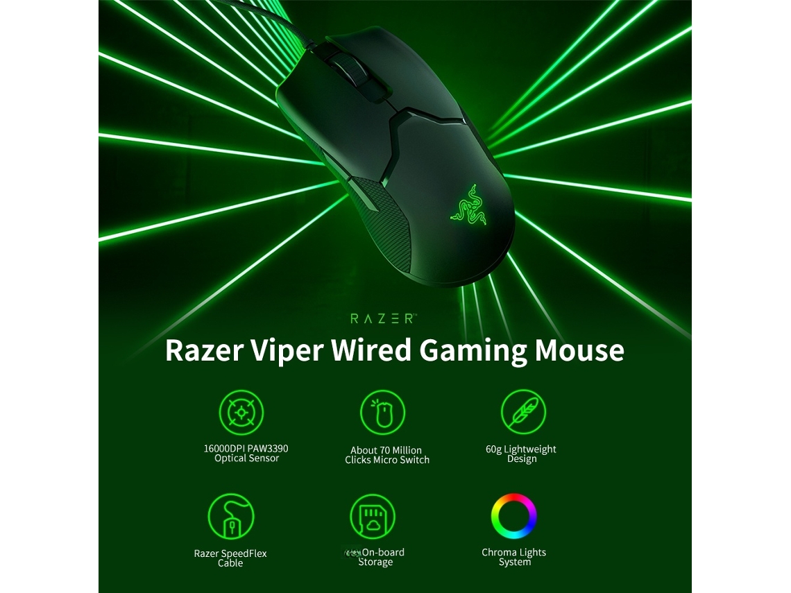 Mouse Gamer Com Fio Razer Viper Rgb Chroma 16000dpi Sensor Óptico Paw3390 60g