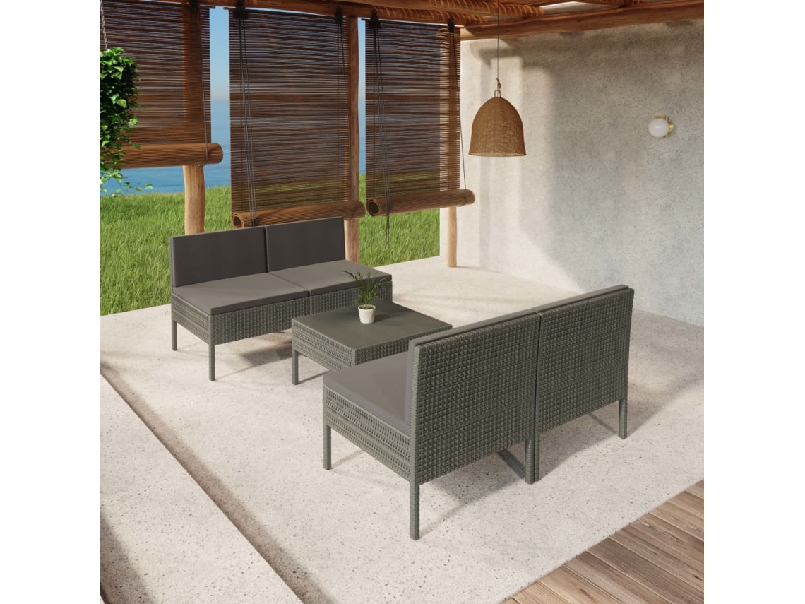 Vidaxl 5 Pcs Conjunto Lounge De Jardim C/ Almofadões Vime Pe Cinzento