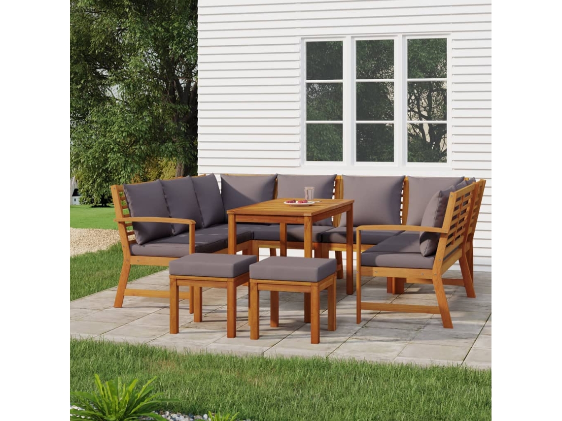 Vidaxl 9 Pcs Conjunto De Jantar P/ Jardim C/ Almofadões Acácia Maciça