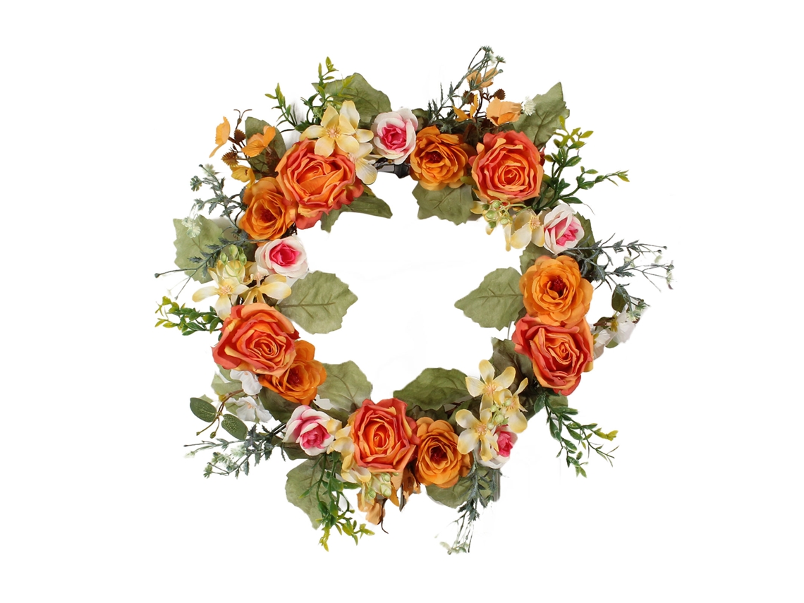 Coroa De Rosas Simulada + (laranja, 40cm, Material De Flor De Seda) + Eoocoo