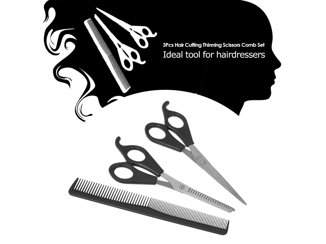 Kit De Tesouras De Corte E Desgaste De Cabelo Com Pente Profissional Em Aço Inoxidável (3 Peças)