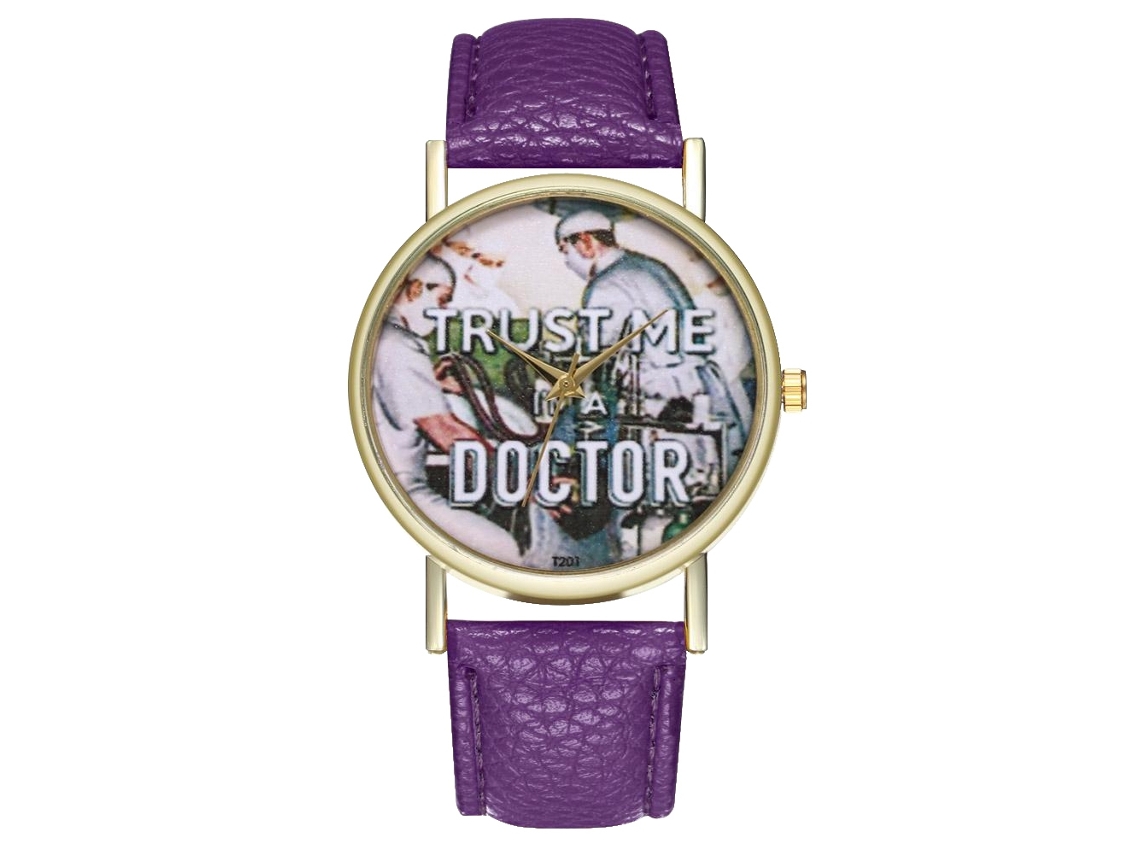 Relógio de pulso unissex de quartzo com pulseira de PU e mostrador redondo com estampa de médico (roxo)
