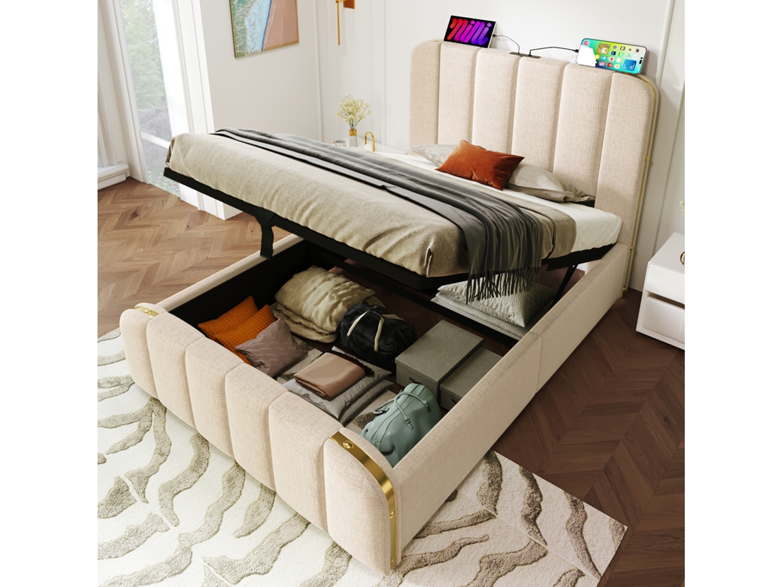 Cama Solteiro Polsterbett 90x200 Cm Com Usb-c Bege Sem Colchão
