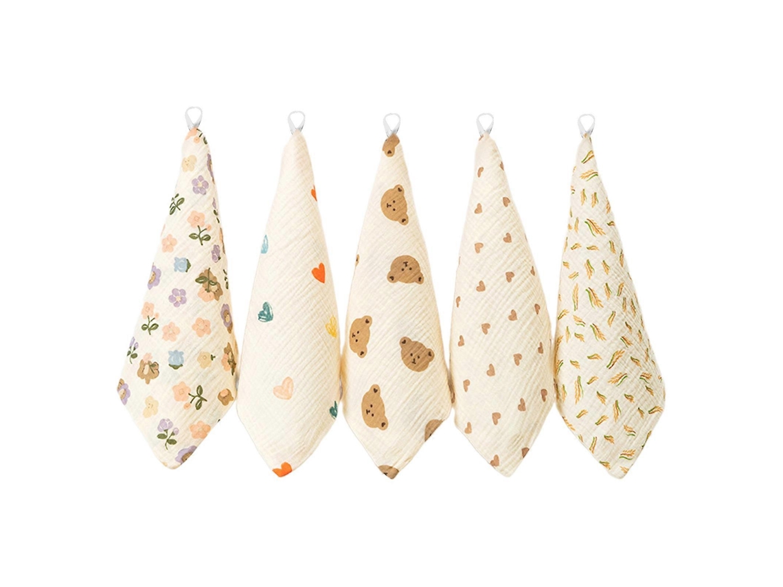 Conjunto de 5 toalhas absorventes de algodão para alimentação de bebês, ideais para uso portátil em casa e em viagens.