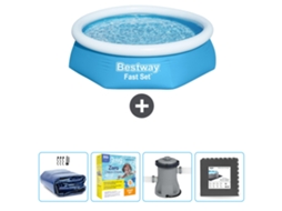 Piscina Inflável Redonda BESTWAY Fast Set 244 X 61 Cm Azul Incluída Vela Solar Pacote de Manutenção Bombear Ladrilhos