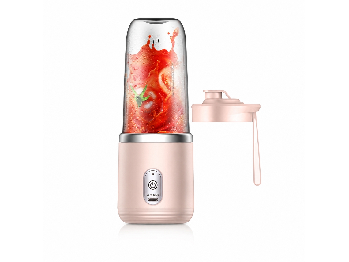 Liquidificadora Portátil Recarregável Rosa, 6 Lâminas Em Aço Inoxidável, Copo Individual Com Tampa