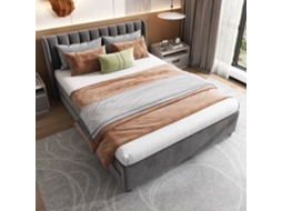 Cama estofada em veludo cinza, 140x200 Cm, com 2 gavetas, estrado de ripas VSOGA