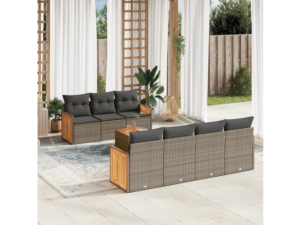8 Pcs Conjunto Sofás De Jardim C/ Almofadões Vime Pe Cinza Dkd Home Decor