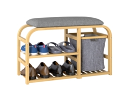 Banco para Sapatos com Almofada, 2 Prateleiras, Cesto de Tecido, Madeira 70x30x45cm Natural S/MARCA