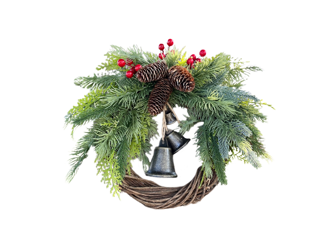 Decoração De Natal Com Anel De Rattan Natural, Pinhas, Frutos De Espuma E Sino De Ferro Da Laxiscreed
