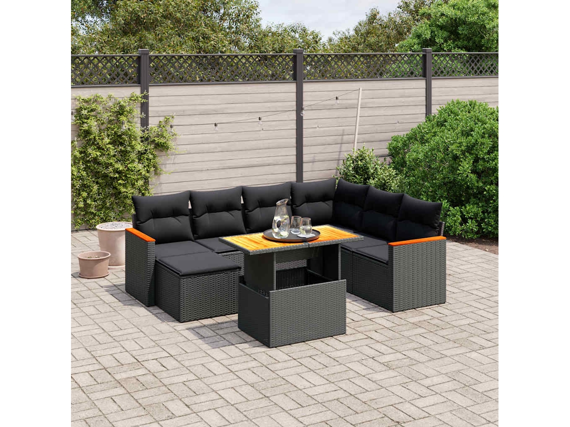 Vidaxl 8 Pcs Conjunto Sofás de Jardim com Almofadões Vime Pe Preto