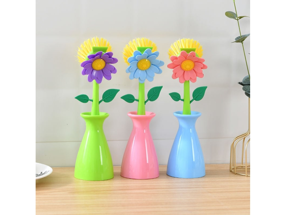 Conjunto De 3 Escovas De Lavar Louça Em Formato Flor Com Cabos Longos, Nas Cores Azul, Verde E Rosa, Para Limpeza Da Cozinha
