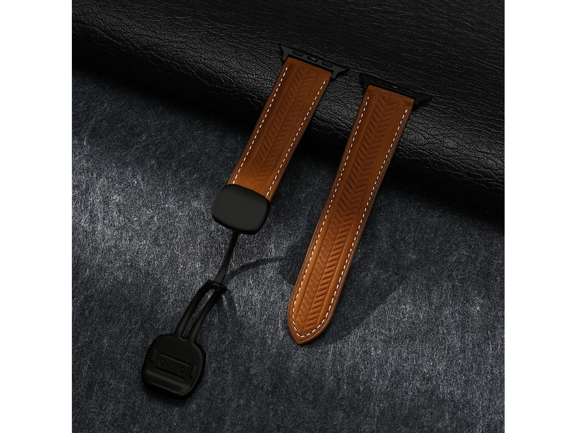 Pulseira De Couro Genuíno Com Fecho Magnético, Marrom Escuro Com Fivela Preta, Compatível Com Apple Watch 42 44 45 49mm