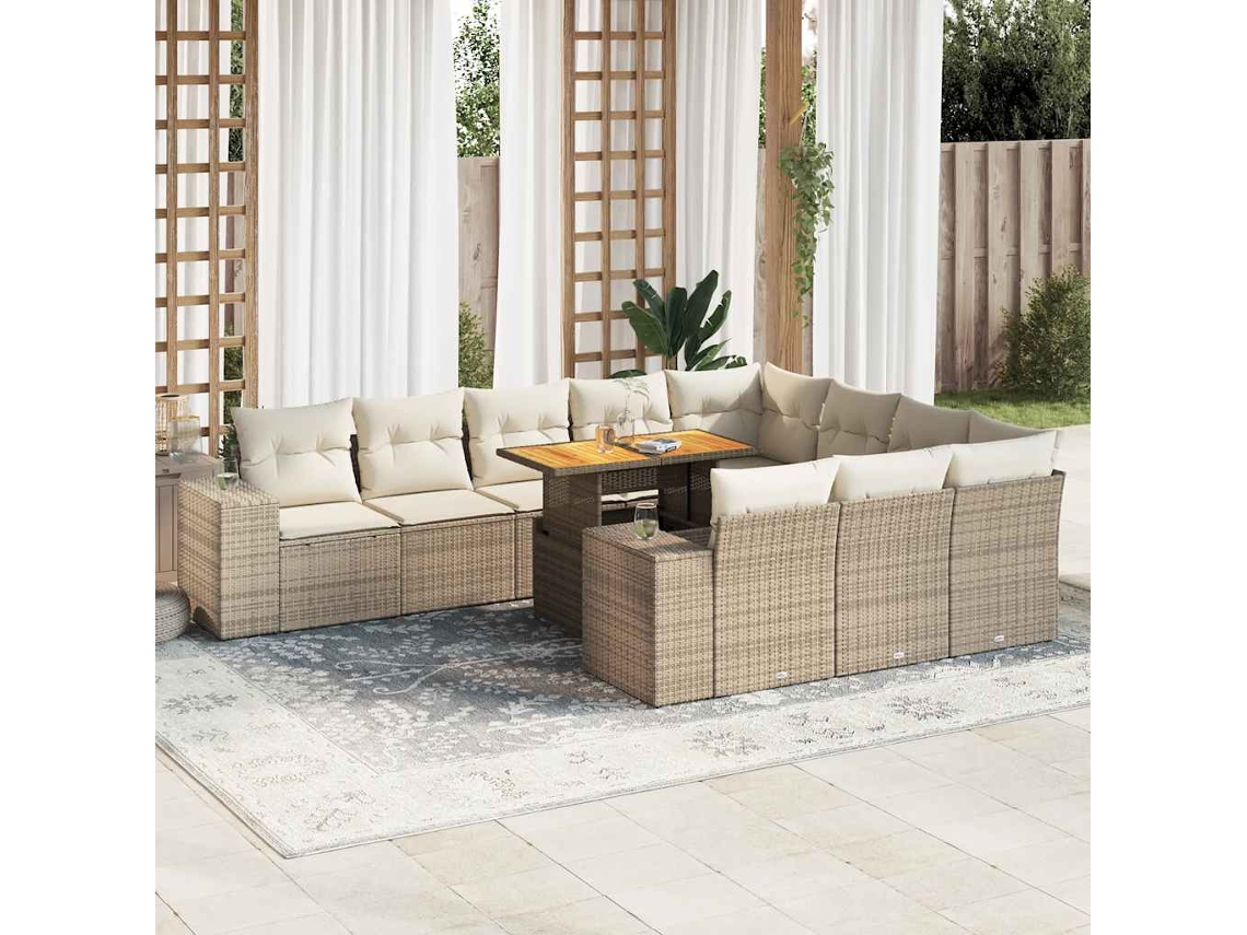 10 Pcs Conj. Sofás P/ Jardim C/ Almofadões Vime Pe/acã¡cia Bege Dkd Home Decor