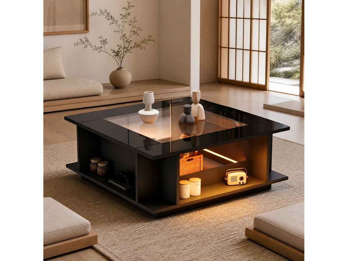 Mesa De Centro Modfu Quadrada 70x70x30 Cm Preta Com Vidro E Led